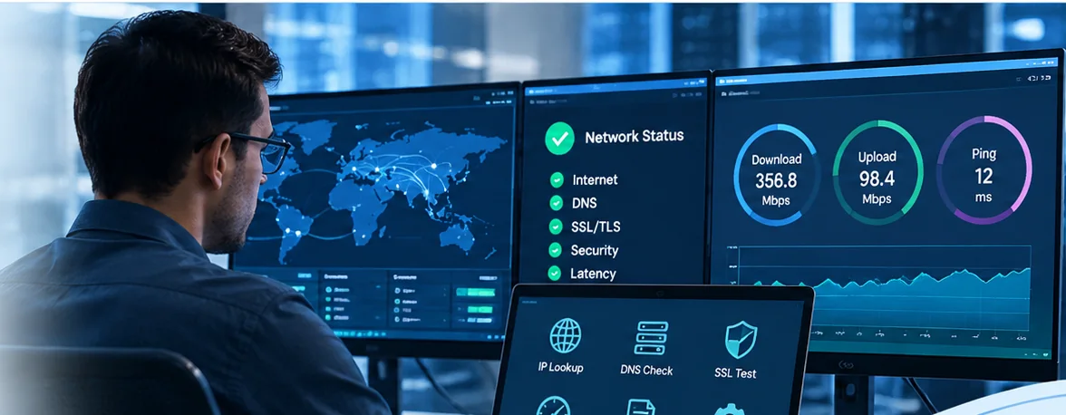 IT specialist reviewing network and system diagnostics on multiple displays