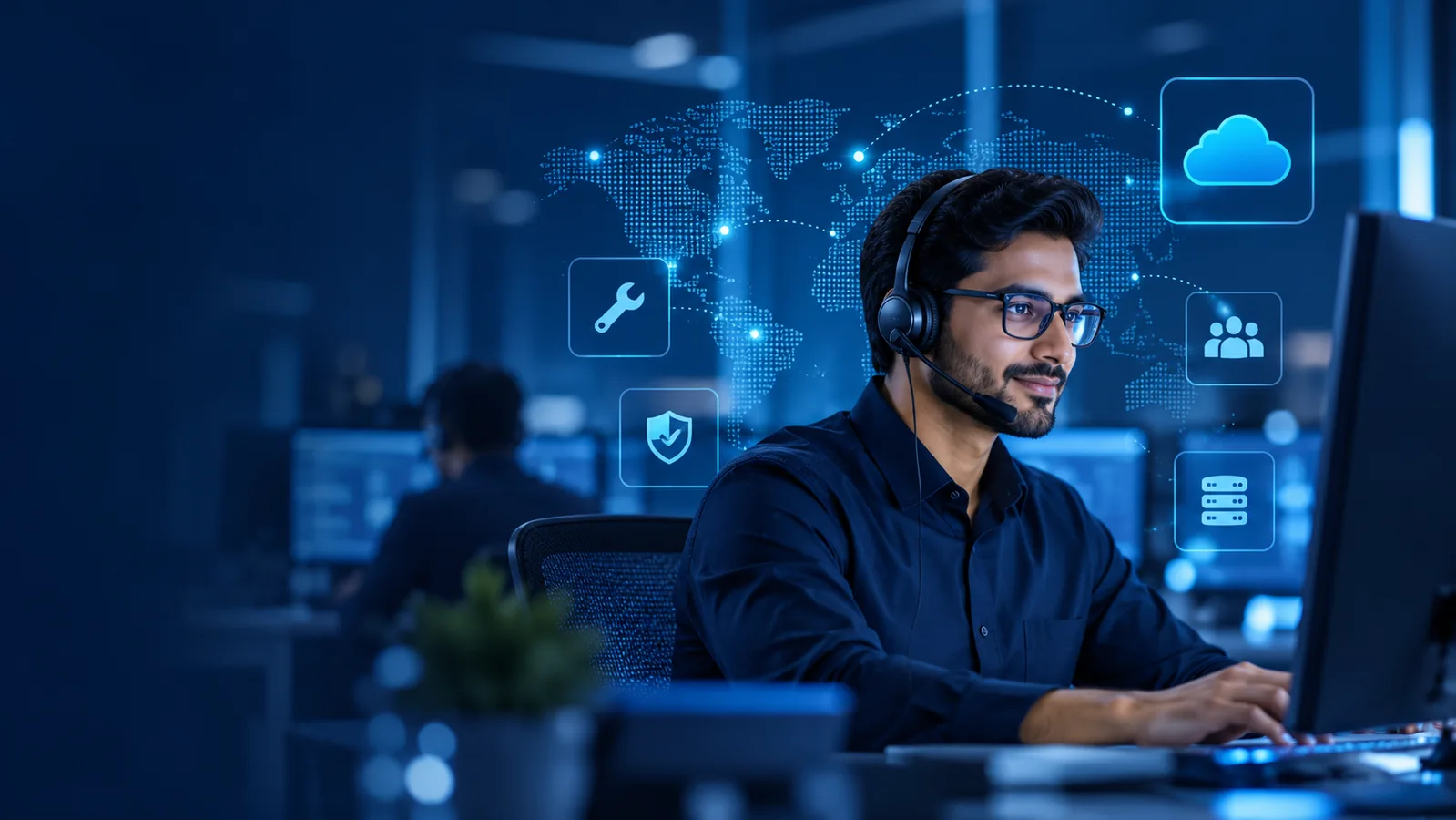 IT technical support specialist at a workstation wearing a headset